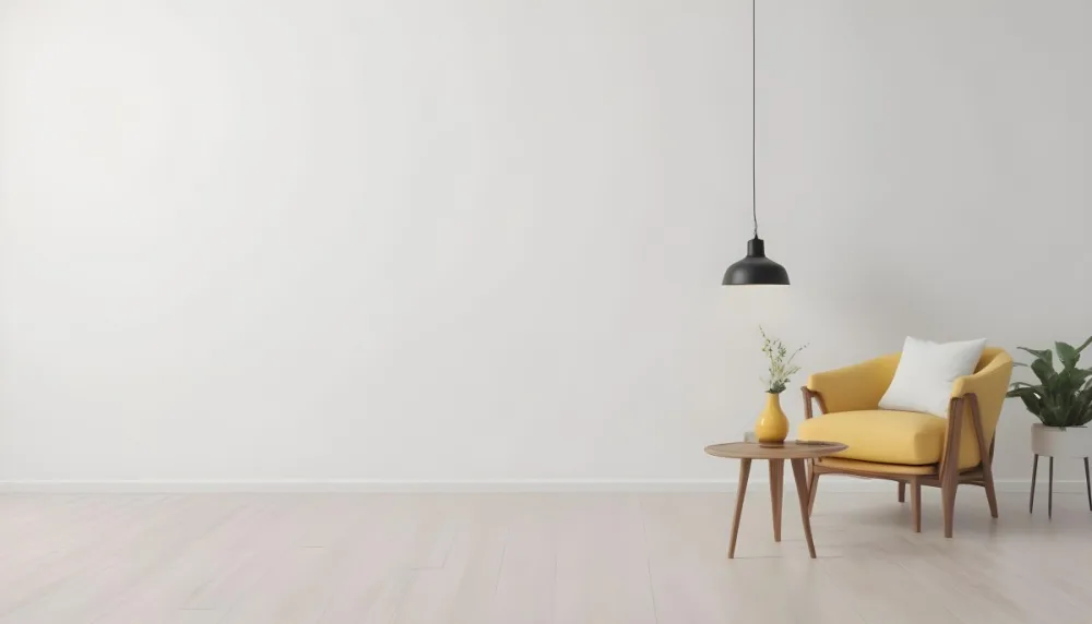 3d Model Interior Of A Room With A White Wall A Yellow Armchair A Wooden Table With A Vase And A Frame And A Hanging Lamp Figure Octane Render Volumetric Highly Detailed Videogame Aesthetic 3 A2e8
