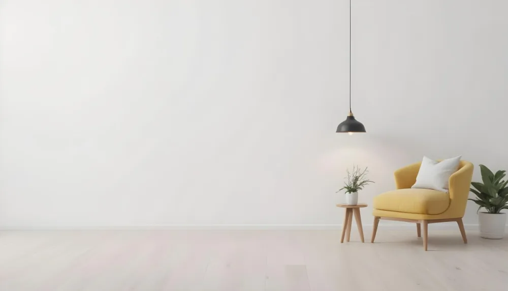 3d Model Interior Of A Room With A White Wall A Yellow Armchair A Wooden Table With A Vase And A Frame And A Hanging Lamp Figure Octane Render Volumetric Highly Detailed Videogame Aesthetic 5 B478