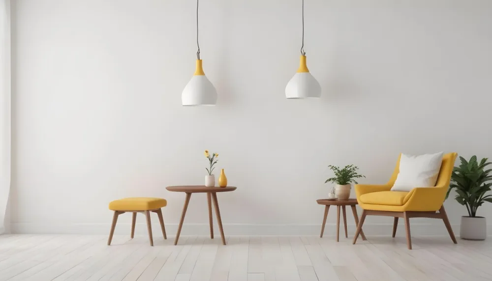 3d Model Interior Of A Room With A White Wall A Yellow Armchair A Wooden Table With A Vase And A Frame And A Hanging Lamp Figure Octane Render Volumetric Highly Detailed Videogame Aesthetic 7 F3f8