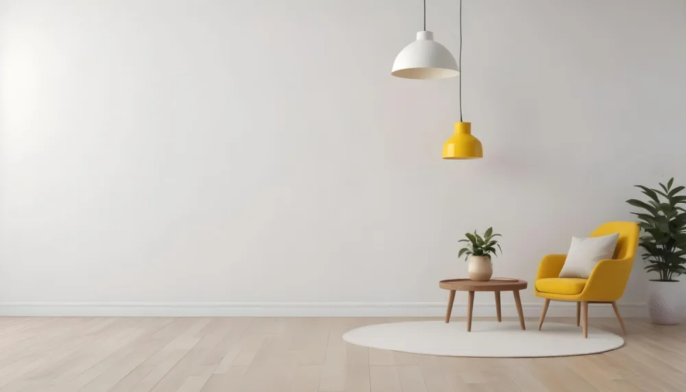 3d Model Interior Of A Room With A White Wall A Yellow Armchair A Wooden Table With A Vase And A Frame And A Hanging Lamp Figure Octane Render Volumetric Highly Detailed Videogame Aesthetic 9 057c