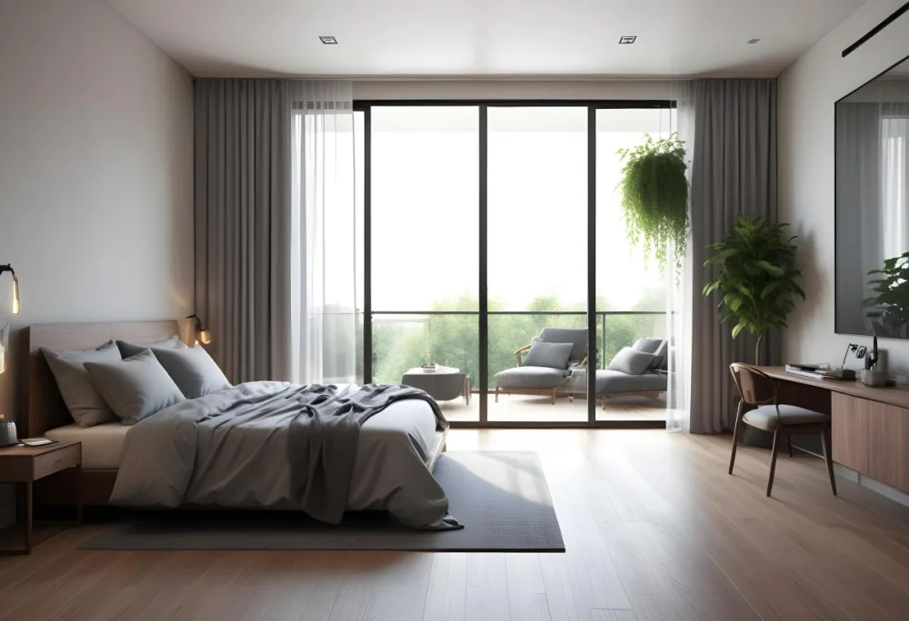 3d Model Modern Bedroom Featuring A Large Bed With Gray Bedding And A Textured Wall A Cozy Armchair Is Positioned Near A Small Table The Room Has Large Glass Doors Leading To A Balcony With Greenery Visible Outside 16 B205