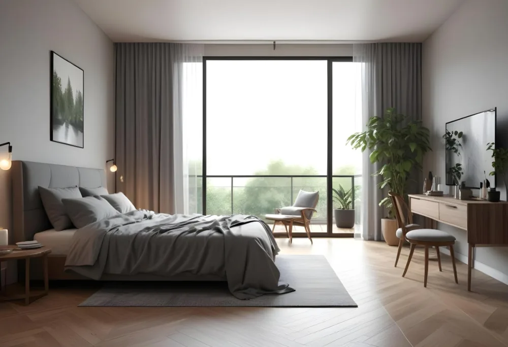 3d Model Modern Bedroom Featuring A Large Bed With Gray Bedding And A Textured Wall A Cozy Armchair Is Positioned Near A Small Table The Room Has Large Glass Doors Leading To A Balcony With Greenery Visible Outside 25 291b