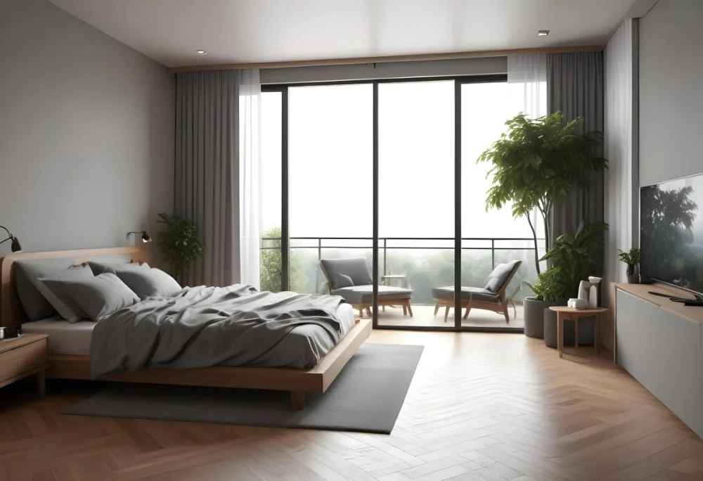 3d Model Modern Bedroom Featuring A Large Bed With Gray Bedding And A Textured Wall A Cozy Armchair Is Positioned Near A Small Table The Room Has Large Glass Doors Leading To A Balcony With Greenery Visible Outside 27 F481