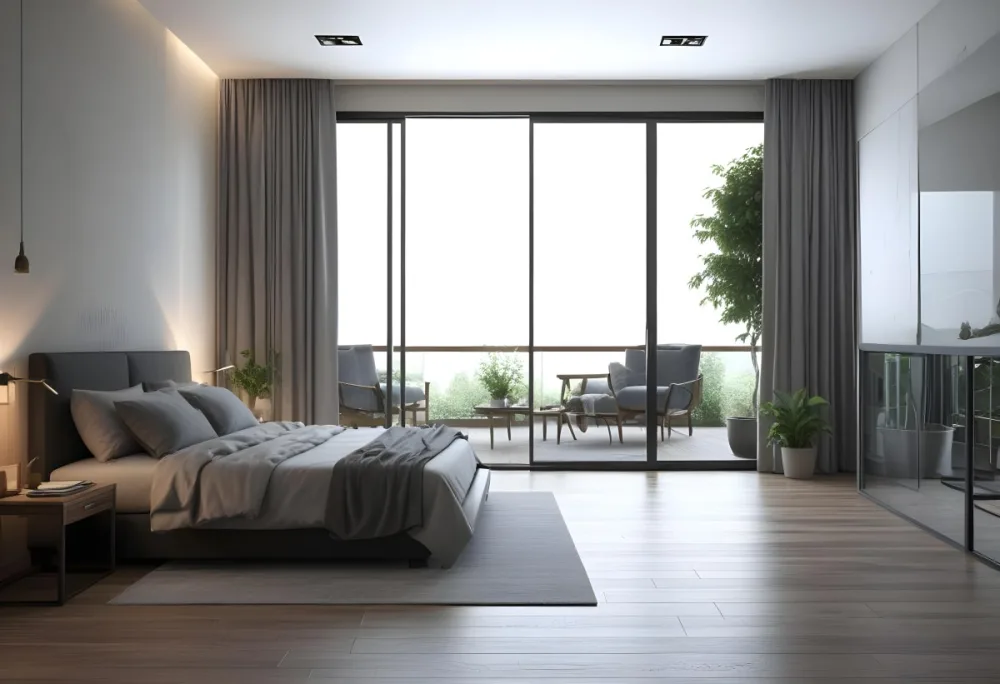 3d Model Modern Bedroom Featuring A Large Bed With Gray Bedding And A Textured Wall A Cozy Armchair Is Positioned Near A Small Table The Room Has Large Glass Doors Leading To A Balcony With Greenery Visible Outside 3 24bd