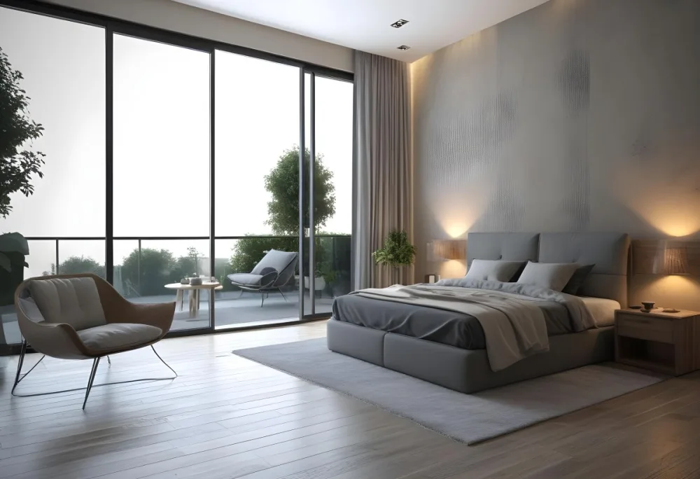 3d Model Modern Bedroom Featuring A Large Bed With Gray Bedding And A Textured Wall A Cozy Armchair Is Positioned Near A Small Table The Room Has Large Glass Doors Leading To A Balcony With Greenery Visible Outside 38 D1c1
