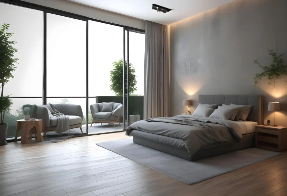 3d Model Modern Bedroom Featuring A Large Bed With Gray Bedding And A Textured Wall A Cozy Armchair Is Positioned Near A Small Table The Room Has Large Glass Doors Leading To A Balcony With Greenery Visible Outside 41 F96f