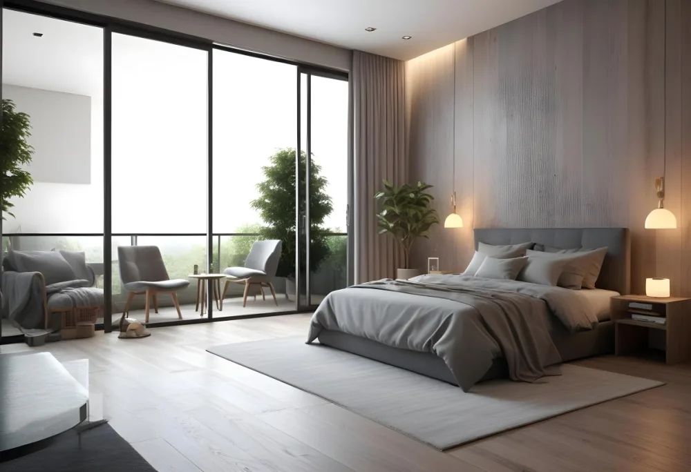 3d Model Modern Bedroom Featuring A Large Bed With Gray Bedding And A Textured Wall A Cozy Armchair Is Positioned Near A Small Table The Room Has Large Glass Doors Leading To A Balcony With Greenery Visible Outside 47 00ff