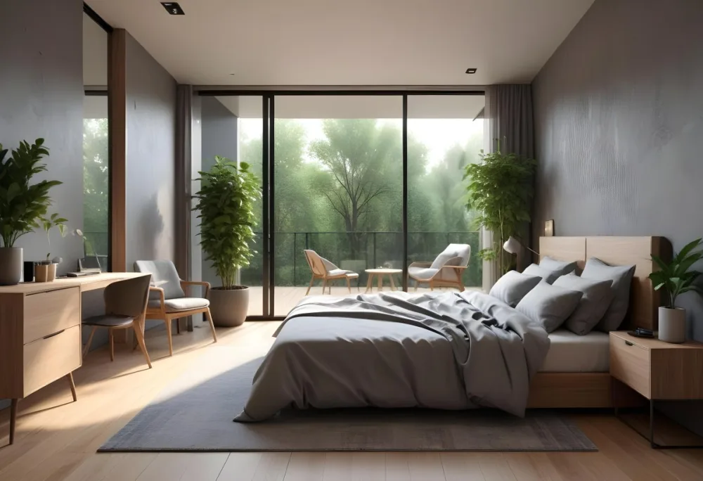 3d Model Modern Bedroom Featuring A Large Bed With Gray Bedding And A Textured Wall A Cozy Armchair Is Positioned Near A Small Table The Room Has Large Glass Doors Leading To A Balcony With Greenery Visible Outside 48 7782