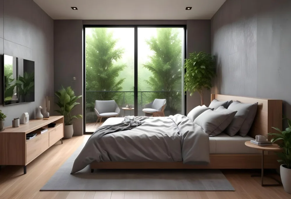 3d Model Modern Bedroom Featuring A Large Bed With Gray Bedding And A Textured Wall A Cozy Armchair Is Positioned Near A Small Table The Room Has Large Glass Doors Leading To A Balcony With Greenery Visible Outside 49 5de9