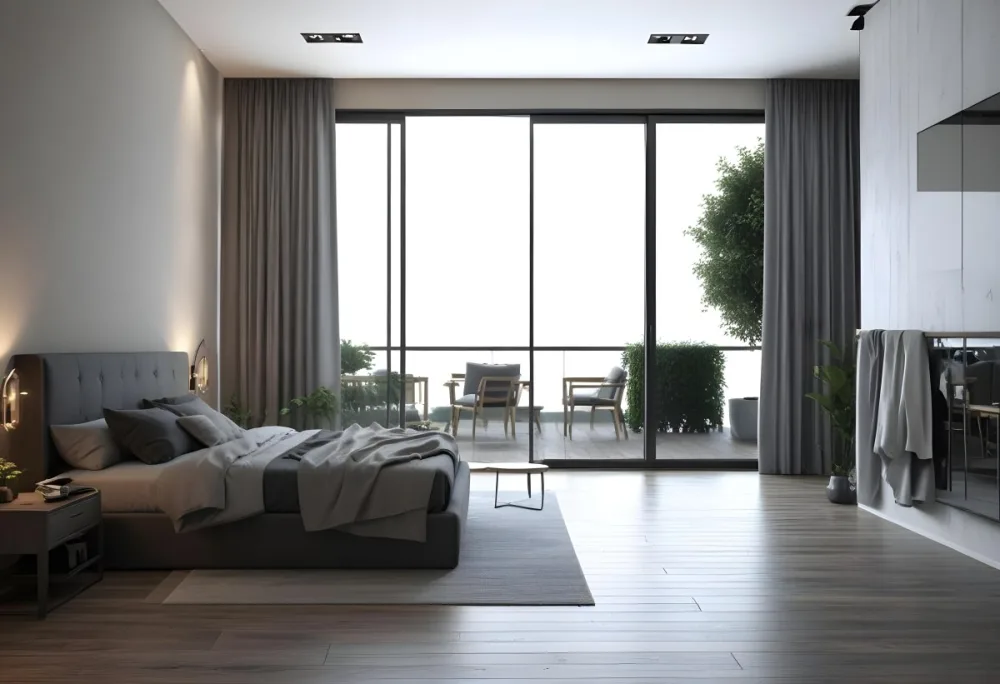 3d Model Modern Bedroom Featuring A Large Bed With Gray Bedding And A Textured Wall A Cozy Armchair Is Positioned Near A Small Table The Room Has Large Glass Doors Leading To A Balcony With Greenery Visible Outside 5 05ae