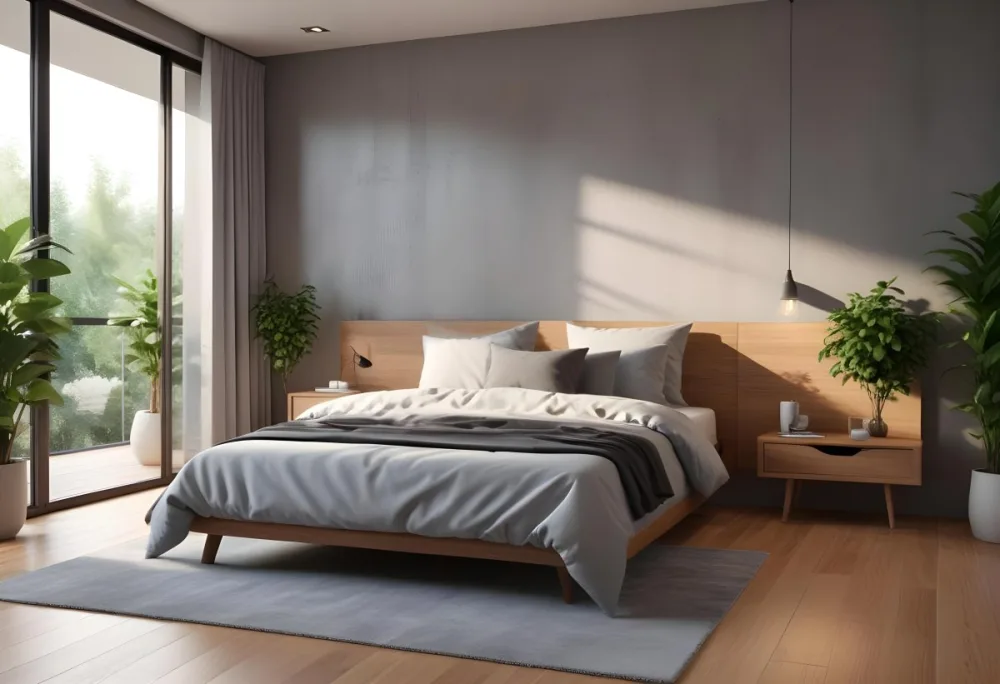 3d Model Modern Bedroom Featuring A Large Bed With Gray Bedding And A Textured Wall A Cozy Armchair Is Positioned Near A Small Table The Room Has Large Glass Doors Leading To A Balcony With Greenery Visible Outside 50 Afa9