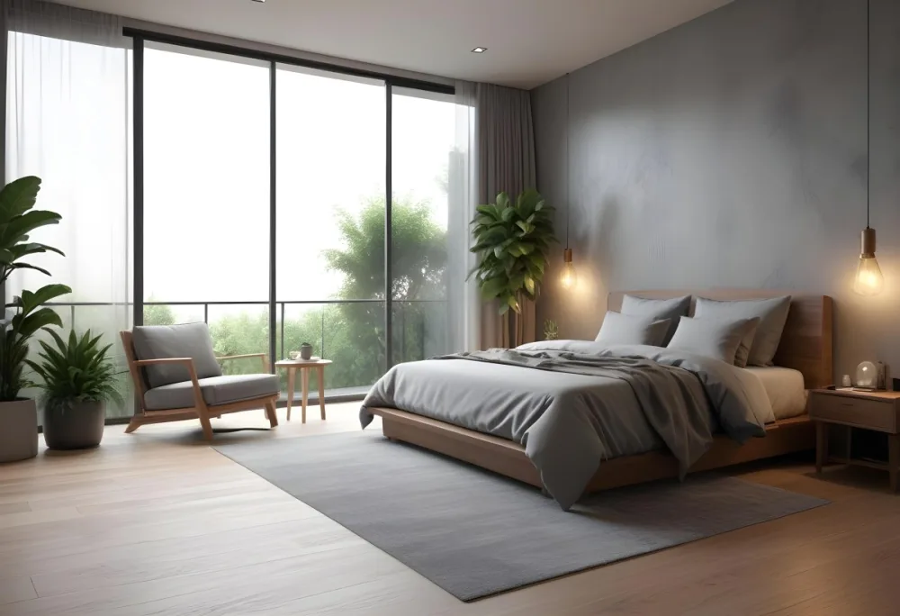 3d Model Modern Bedroom Featuring A Large Bed With Gray Bedding And A Textured Wall A Cozy Armchair Is Positioned Near A Small Table The Room Has Large Glass Doors Leading To A Balcony With Greenery Visible Outside 53 2cea