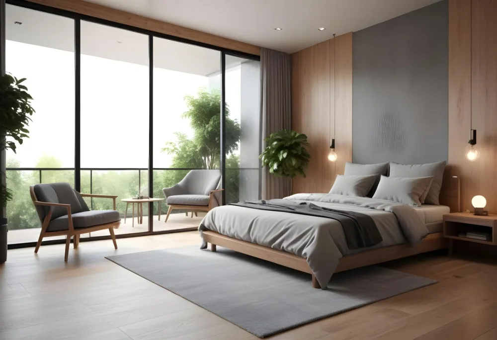 3d Model Modern Bedroom Featuring A Large Bed With Gray Bedding And A Textured Wall A Cozy Armchair Is Positioned Near A Small Table The Room Has Large Glass Doors Leading To A Balcony With Greenery Visible Outside 54 343b
