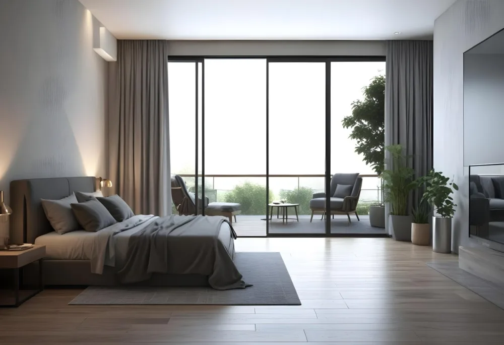 3d Model Modern Bedroom Featuring A Large Bed With Gray Bedding And A Textured Wall A Cozy Armchair Is Positioned Near A Small Table The Room Has Large Glass Doors Leading To A Balcony With Greenery Visible Outside 8 Db4b