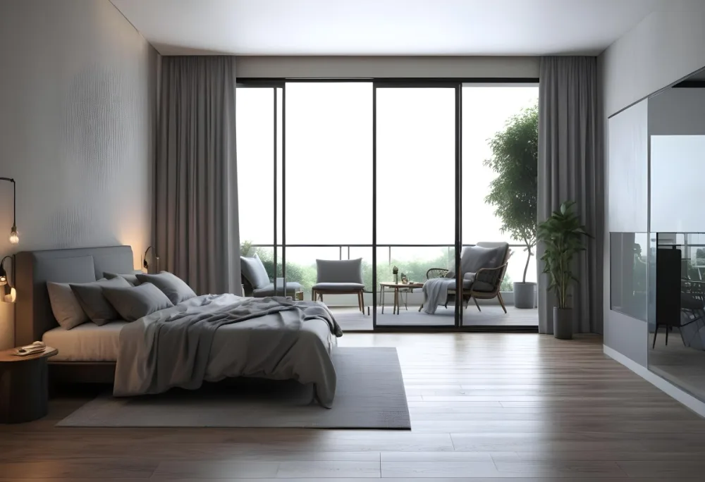 3d Model Modern Bedroom Featuring A Large Bed With Gray Bedding And A Textured Wall A Cozy Armchair Is Positioned Near A Small Table The Room Has Large Glass Doors Leading To A Balcony With Greenery Visible Outside 9 543c