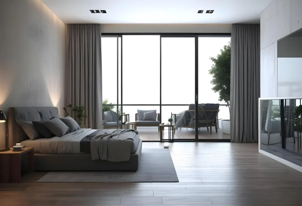 3d Model Modern Bedroom With A Large Bed Featuring A Gray Blanket Wooden Flooring And Large Windows The Windows Open To A Balcony With Outdoor Seating And Greenery The Room Has Soft Lighting And Elegant Curtains Fi 11 3d72