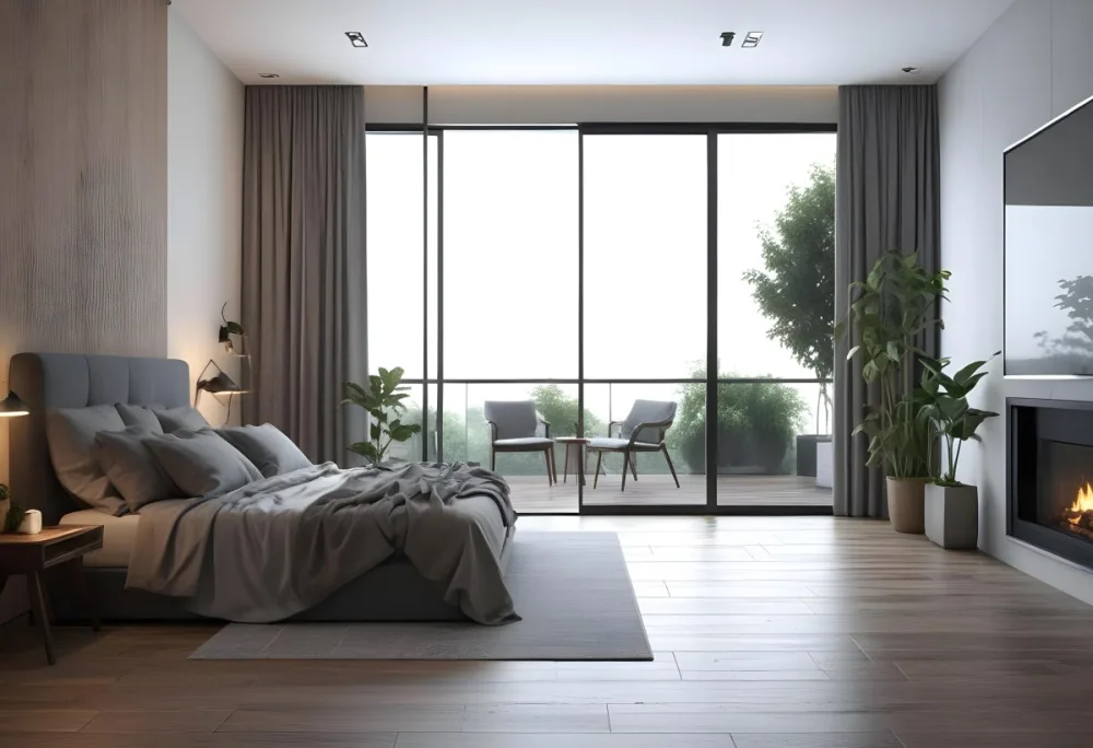 3d Model Modern Bedroom With A Large Bed Featuring A Gray Blanket Wooden Flooring And Large Windows The Windows Open To A Balcony With Outdoor Seating And Greenery The Room Has Soft Lighting And Elegant Curtains Fi 12 B64c