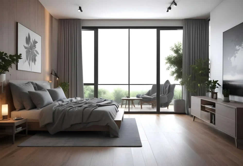 3d Model Modern Bedroom With A Large Bed Featuring A Gray Blanket Wooden Flooring And Large Windows The Windows Open To A Balcony With Outdoor Seating And Greenery The Room Has Soft Lighting And Elegant Curtains Fi 14 583b