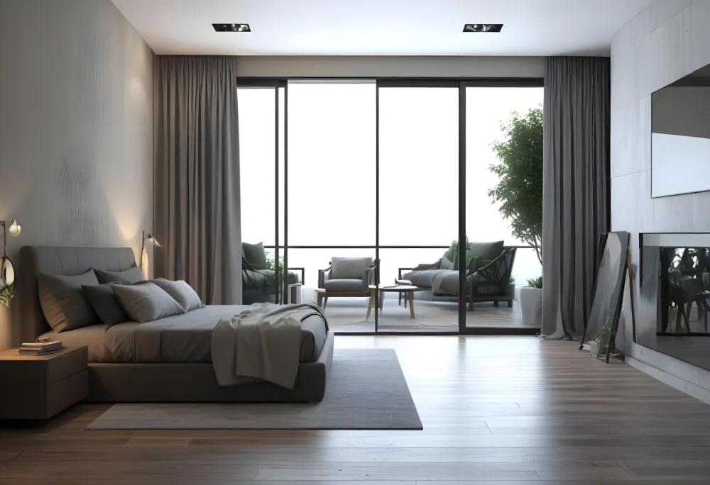 3d Model Modern Bedroom With A Large Bed Featuring A Gray Blanket Wooden Flooring And Large Windows The Windows Open To A Balcony With Outdoor Seating And Greenery The Room Has Soft Lighting And Elegant Curtains Fi 17 F727