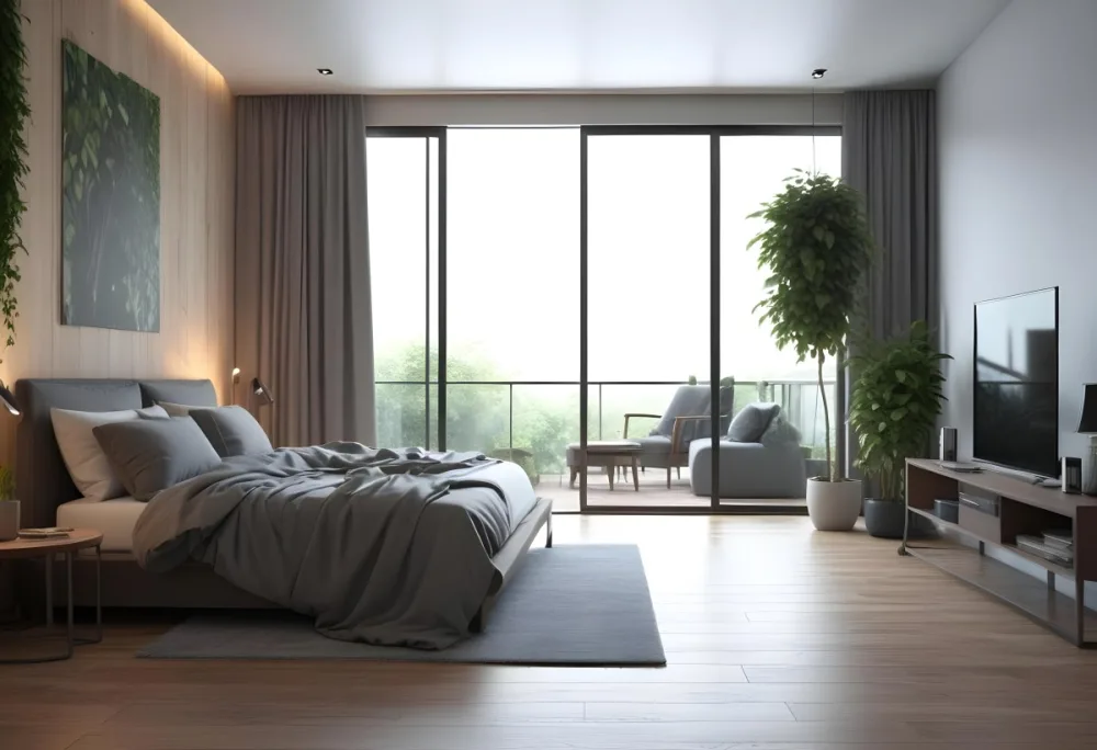 3d Model Modern Bedroom With A Large Bed Featuring A Gray Blanket Wooden Flooring And Large Windows The Windows Open To A Balcony With Outdoor Seating And Greenery The Room Has Soft Lighting And Elegant Curtains Fi 18 07e9