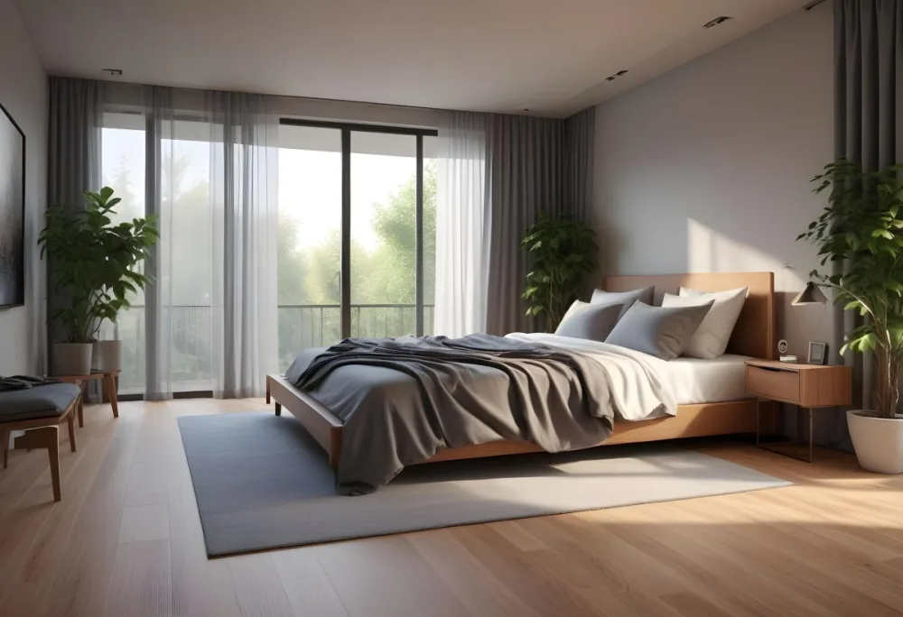 3d Model Modern Bedroom With A Large Bed Featuring A Gray Blanket Wooden Flooring And Large Windows The Windows Open To A Balcony With Outdoor Seating And Greenery The Room Has Soft Lighting And Elegant Curtains Fi 19 676a