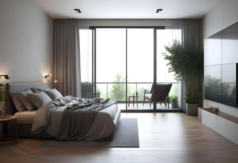 3d Model Modern Bedroom With A Large Bed Featuring A Gray Blanket Wooden Flooring And Large Windows The Windows Open To A Balcony With Outdoor Seating And Greenery The Room Has Soft Lighting And Elegant Curtains Fi 20 A4c4