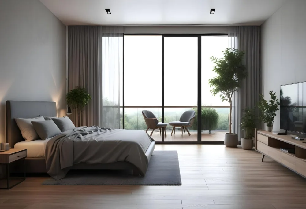 3d Model Modern Bedroom With A Large Bed Featuring A Gray Blanket Wooden Flooring And Large Windows The Windows Open To A Balcony With Outdoor Seating And Greenery The Room Has Soft Lighting And Elegant Curtains Fi 21 8fed