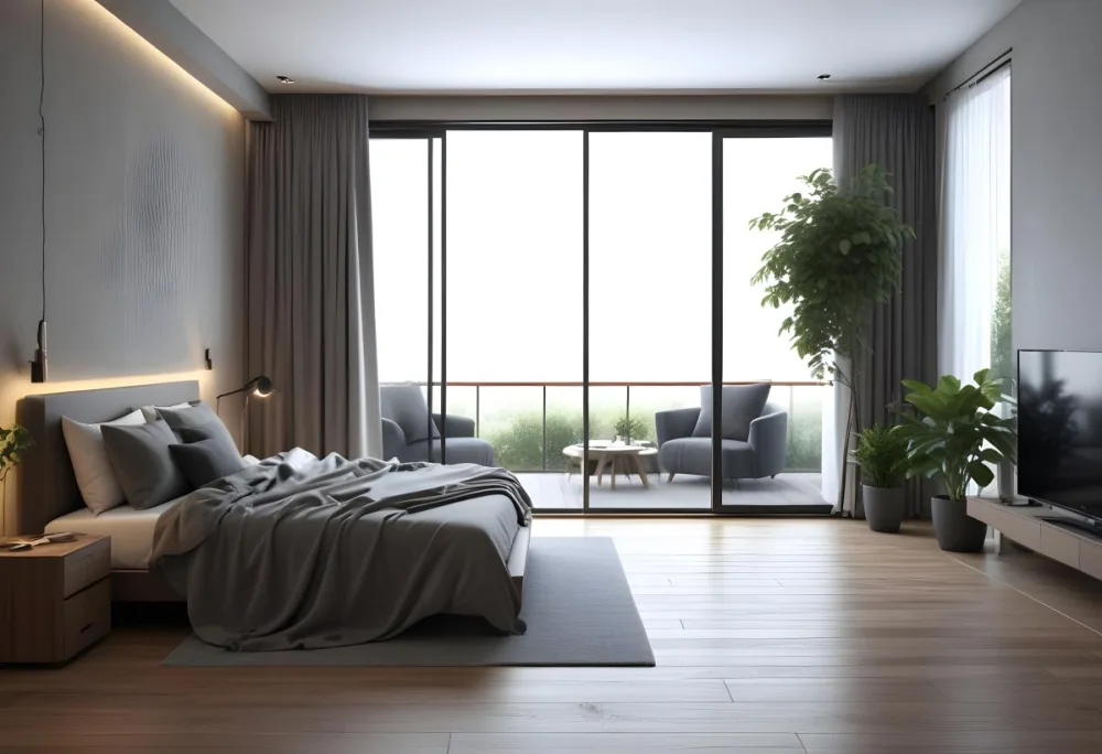 3d Model Modern Bedroom With A Large Bed Featuring A Gray Blanket Wooden Flooring And Large Windows The Windows Open To A Balcony With Outdoor Seating And Greenery The Room Has Soft Lighting And Elegant Curtains Fi 23 3116