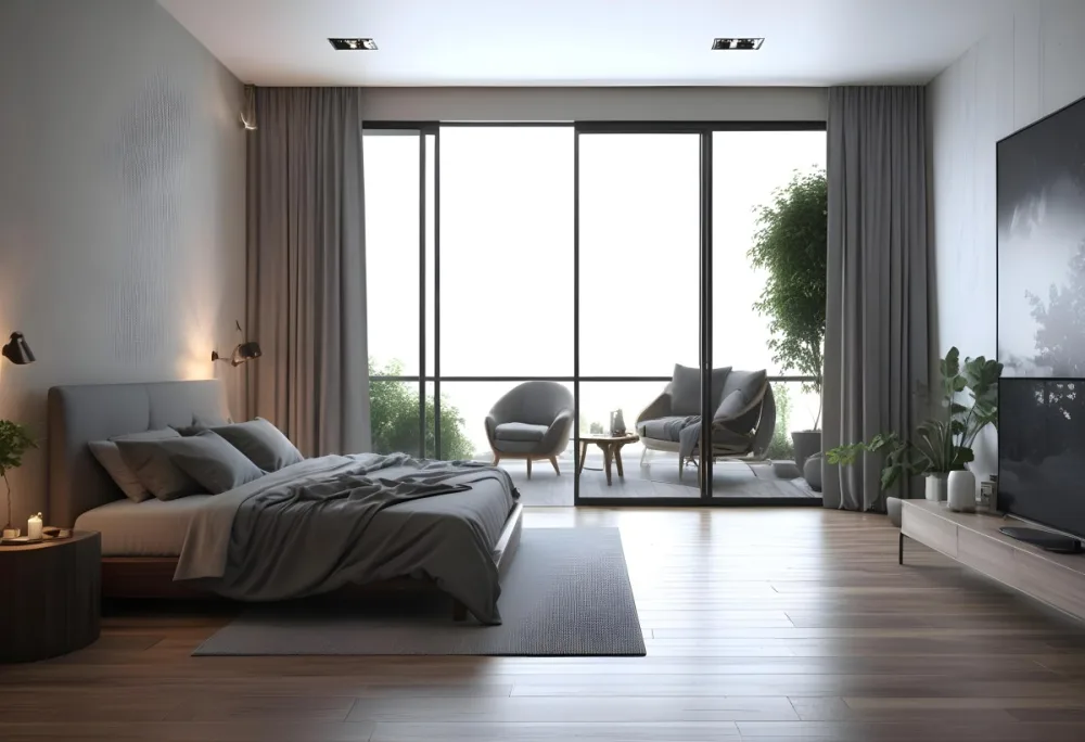 3d Model Modern Bedroom With A Large Bed Featuring A Gray Blanket Wooden Flooring And Large Windows The Windows Open To A Balcony With Outdoor Seating And Greenery The Room Has Soft Lighting And Elegant Curtains Fi 3 Bf46
