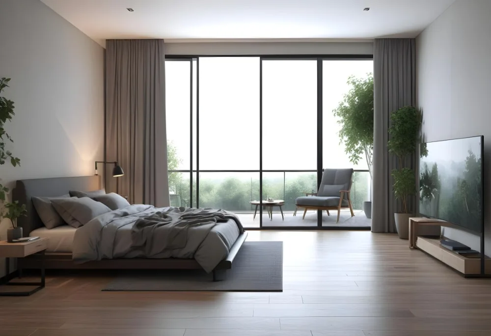 3d Model Modern Bedroom With A Large Bed Featuring A Gray Blanket Wooden Flooring And Large Windows The Windows Open To A Balcony With Outdoor Seating And Greenery The Room Has Soft Lighting And Elegant Curtains Fi 4 8e85