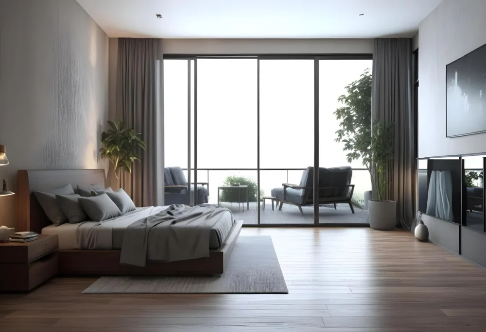 3d Model Modern Bedroom With A Large Bed Featuring A Gray Blanket Wooden Flooring And Large Windows The Windows Open To A Balcony With Outdoor Seating And Greenery The Room Has Soft Lighting And Elegant Curtains Fi 6 9a15