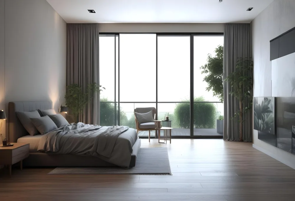 3d Model Modern Bedroom With A Large Bed Featuring A Gray Blanket Wooden Flooring And Large Windows The Windows Open To A Balcony With Outdoor Seating And Greenery The Room Has Soft Lighting And Elegant Curtains Fi 7 B9dd