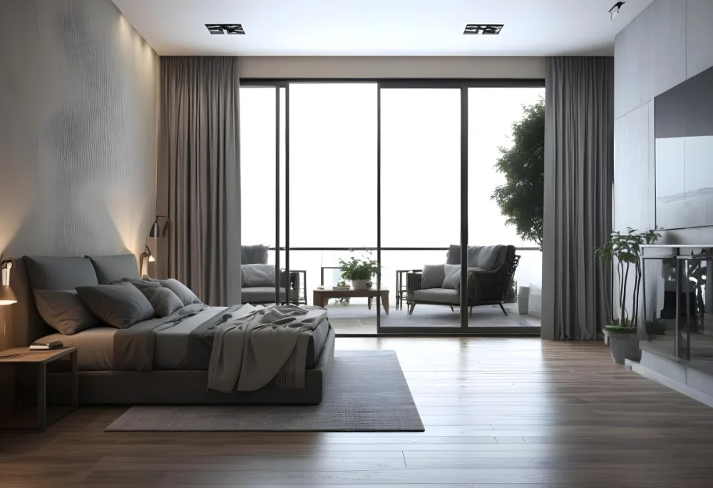 3d Model Modern Bedroom With A Large Bed Featuring A Gray Blanket Wooden Flooring And Large Windows The Windows Open To A Balcony With Outdoor Seating And Greenery The Room Has Soft Lighting And Elegant Curtains Fi 8 F87a