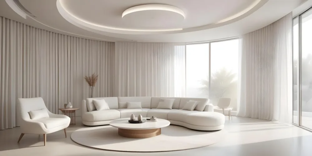 3d Model Modern Interior Space Featuring A Minimalist Design With White Walls And Furniture The Room Includes A Curved Wall Texture A Round Coffee Table And A Small White Chair Natural Light Enters Through Small Wind 10 D44e