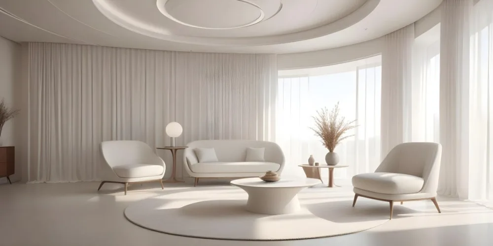 3d Model Modern Interior Space Featuring A Minimalist Design With White Walls And Furniture The Room Includes A Curved Wall Texture A Round Coffee Table And A Small White Chair Natural Light Enters Through Small Wind 14 D7c8