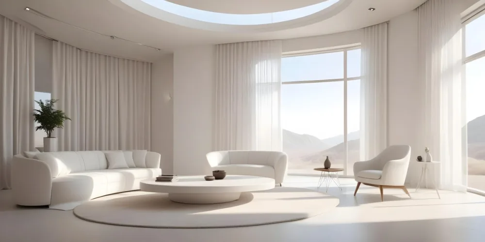 3d Model Modern Interior Space Featuring A Minimalist Design With White Walls And Furniture The Room Includes A Curved Wall Texture A Round Coffee Table And A Small White Chair Natural Light Enters Through Small Wind 16 4e98