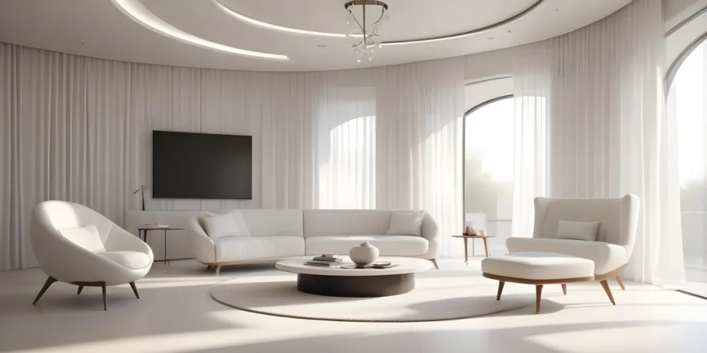 3d Model Modern Interior Space Featuring A Minimalist Design With White Walls And Furniture The Room Includes A Curved Wall Texture A Round Coffee Table And A Small White Chair Natural Light Enters Through Small Wind 17 5874