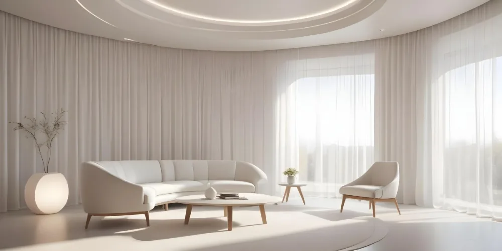 3d Model Modern Interior Space Featuring A Minimalist Design With White Walls And Furniture The Room Includes A Curved Wall Texture A Round Coffee Table And A Small White Chair Natural Light Enters Through Small Wind 2 5e82