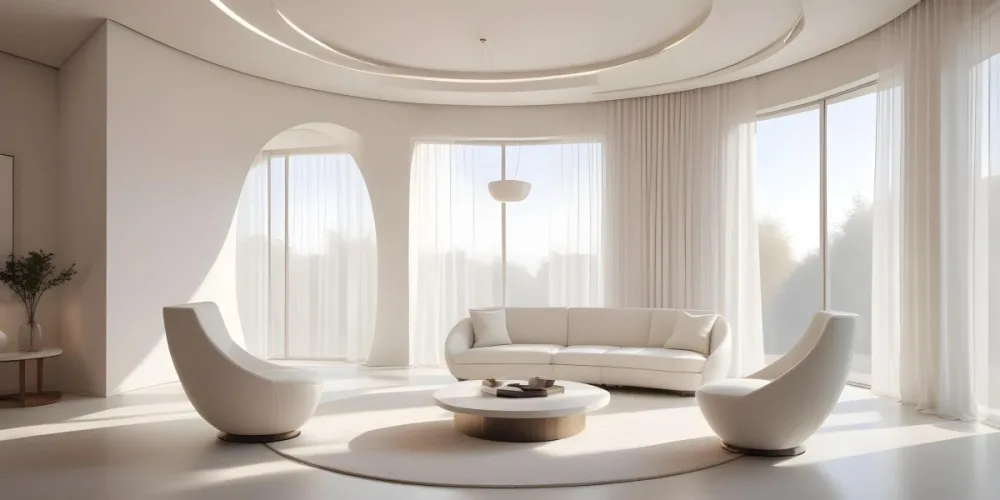 3d Model Modern Interior Space Featuring A Minimalist Design With White Walls And Furniture The Room Includes A Curved Wall Texture A Round Coffee Table And A Small White Chair Natural Light Enters Through Small Wind 25 7576