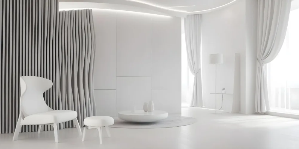 3d Model Modern Interior Space Featuring A Minimalist Design With White Walls And Furniture The Room Includes A Curved Wall Texture A Round Coffee Table And A Small White Chair Natural Light Enters Through Small Wind 28 9e8d