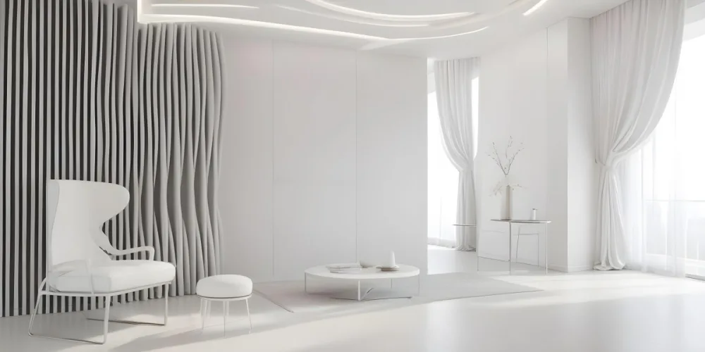 3d Model Modern Interior Space Featuring A Minimalist Design With White Walls And Furniture The Room Includes A Curved Wall Texture A Round Coffee Table And A Small White Chair Natural Light Enters Through Small Wind 29 C4d8