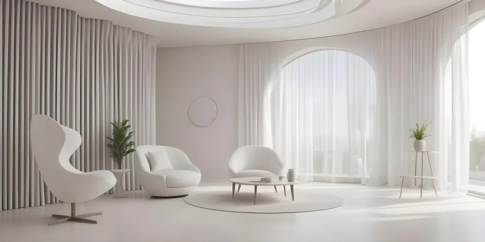 3d Model Modern Interior Space Featuring A Minimalist Design With White Walls And Furniture The Room Includes A Curved Wall Texture A Round Coffee Table And A Small White Chair Natural Light Enters Through Small Wind 3 4be4