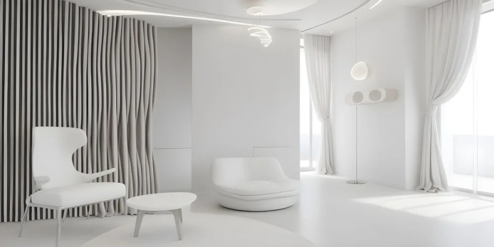 3d Model Modern Interior Space Featuring A Minimalist Design With White Walls And Furniture The Room Includes A Curved Wall Texture A Round Coffee Table And A Small White Chair Natural Light Enters Through Small Wind 30 D95a