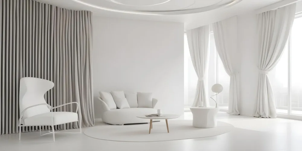 3d Model Modern Interior Space Featuring A Minimalist Design With White Walls And Furniture The Room Includes A Curved Wall Texture A Round Coffee Table And A Small White Chair Natural Light Enters Through Small Wind 31 5b60