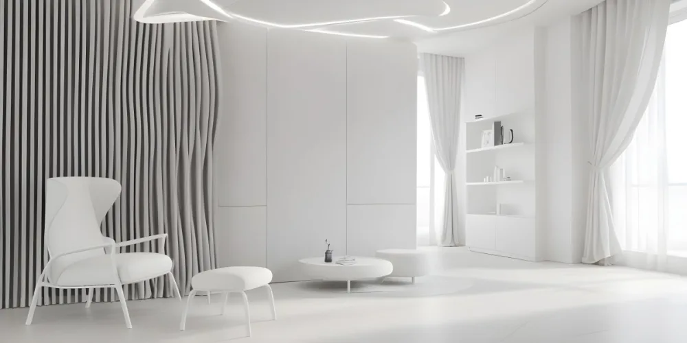 3d Model Modern Interior Space Featuring A Minimalist Design With White Walls And Furniture The Room Includes A Curved Wall Texture A Round Coffee Table And A Small White Chair Natural Light Enters Through Small Wind 32 7db2