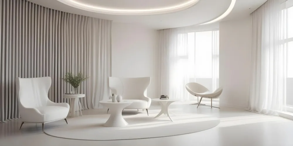 3d Model Modern Interior Space Featuring A Minimalist Design With White Walls And Furniture The Room Includes A Curved Wall Texture A Round Coffee Table And A Small White Chair Natural Light Enters Through Small Wind 33 5fef