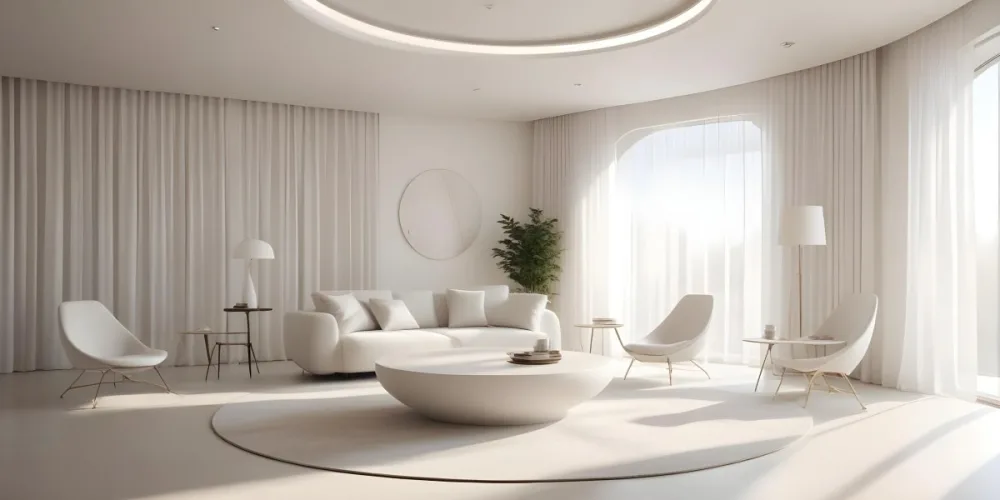 3d Model Modern Interior Space Featuring A Minimalist Design With White Walls And Furniture The Room Includes A Curved Wall Texture A Round Coffee Table And A Small White Chair Natural Light Enters Through Small Wind 5 C867