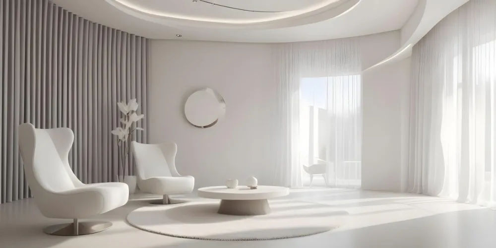 3d Model Modern Interior Space Featuring A Minimalist Design With White Walls And Furniture The Room Includes A Curved Wall Texture A Round Coffee Table And A Small White Chair Natural Light Enters Through Small Wind 6 2283