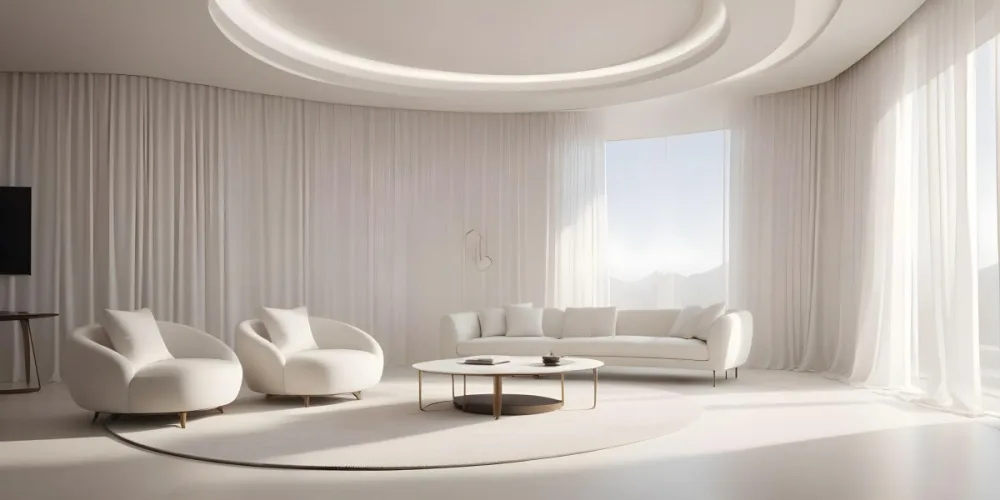 3d Model Modern Interior Space Featuring A Minimalist Design With White Walls And Furniture The Room Includes A Curved Wall Texture A Round Coffee Table And A Small White Chair Natural Light Enters Through Small Wind 7 F1b2