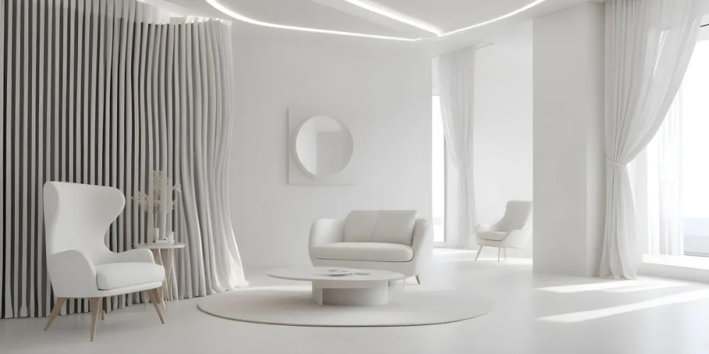 3d Model Modern Interior Space Featuring A Minimalist Design With White Walls And Furniture The Room Includes A Curved Wall Texture A Round Coffee Table And A Small White Chair Natural Light Enters Through Small Wind 8 9882